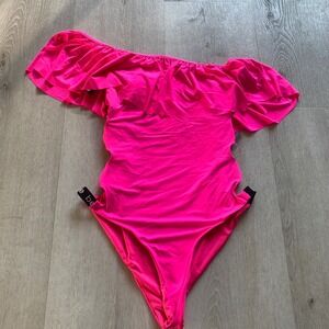 BEBE Off‎ The Shoulder Side Rings One Piece Swimsuit